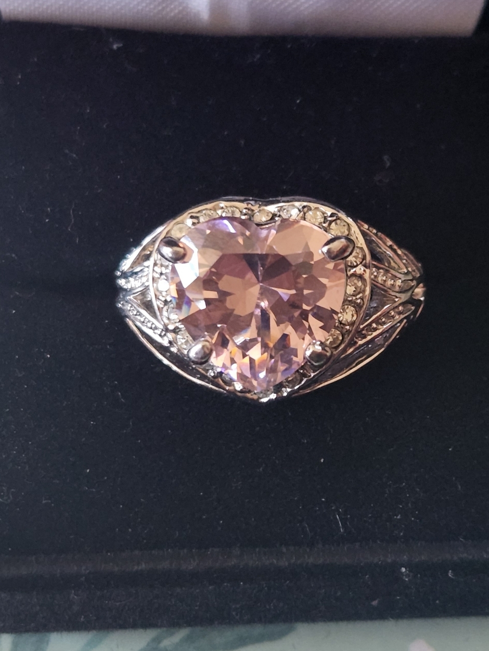 Size 7 vintage style cocktail ring featuring a large pale pink center gemstone